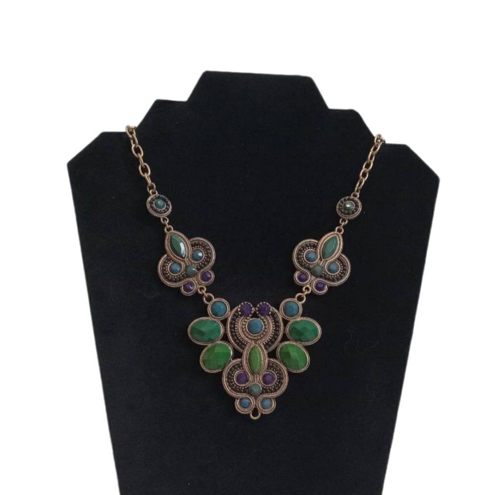 Blue Green Rhinestone Encrusted Gems Gold Toned Chain Boho Statement Necklace